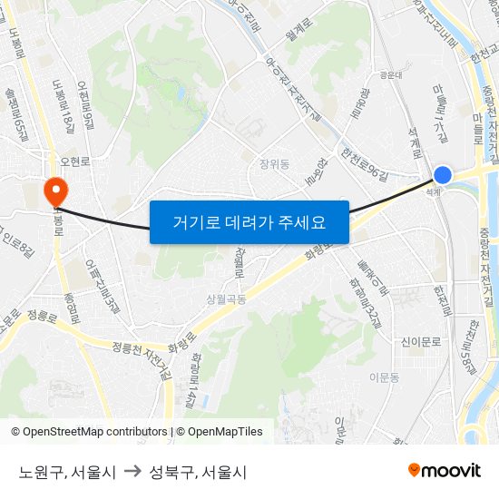 노원구, 서울시 to 성북구, 서울시 map