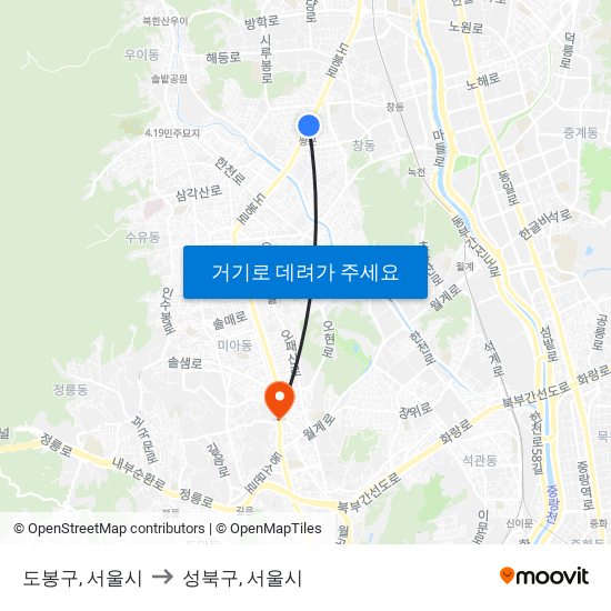 도봉구, 서울시 to 성북구, 서울시 map