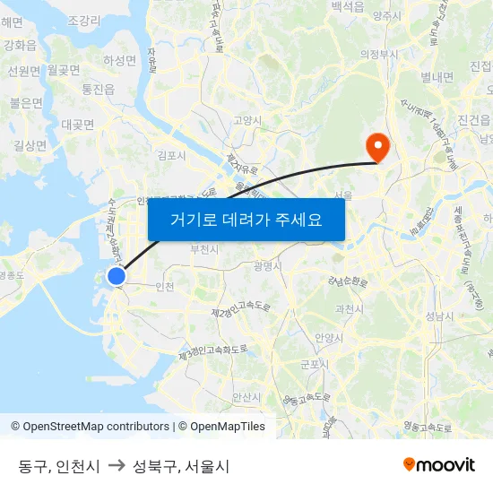 동구, 인천시 to 성북구, 서울시 map