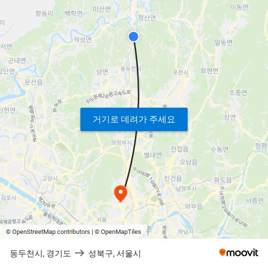 동두천시, 경기도 to 성북구, 서울시 map