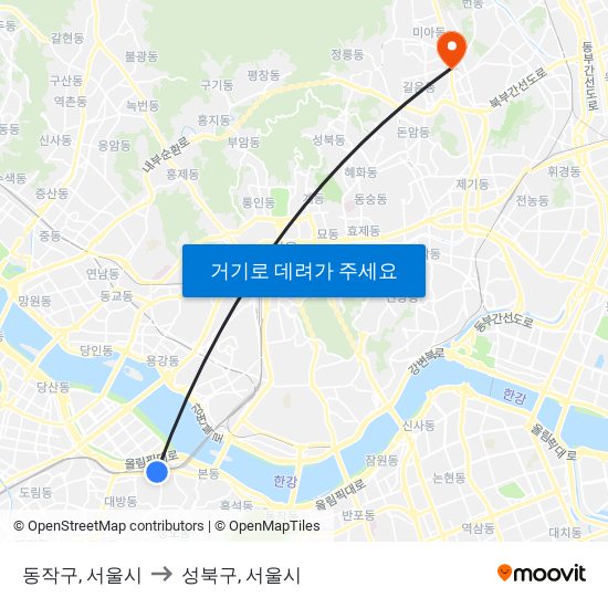 동작구, 서울시 to 성북구, 서울시 map