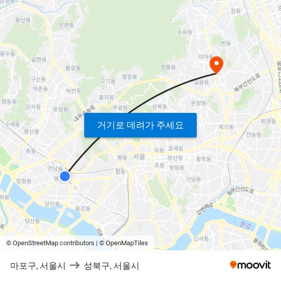 마포구, 서울시 to 성북구, 서울시 map