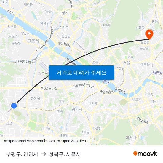 부평구, 인천시 to 성북구, 서울시 map