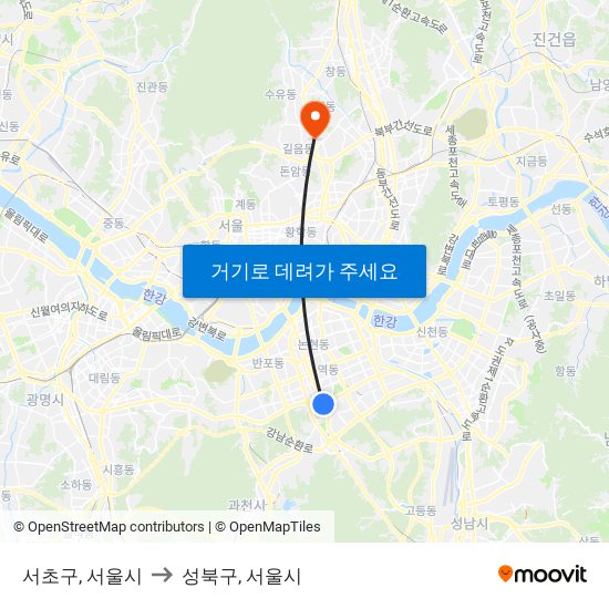 서초구, 서울시 to 성북구, 서울시 map