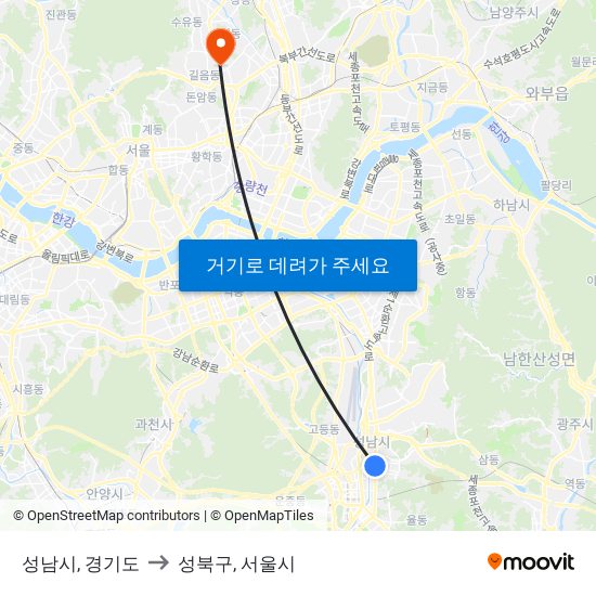 성남시, 경기도 to 성북구, 서울시 map