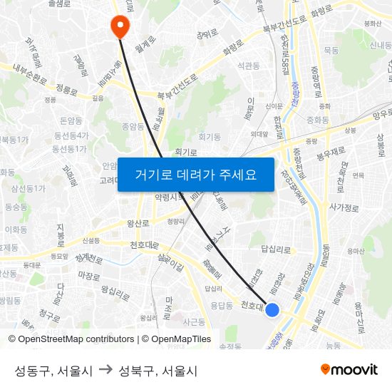 성동구, 서울시 to 성북구, 서울시 map