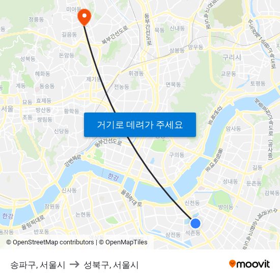 송파구, 서울시 to 성북구, 서울시 map