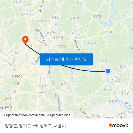 양평군, 경기도 to 성북구, 서울시 map