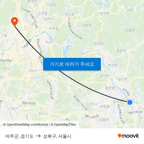 여주군, 경기도 to 성북구, 서울시 map