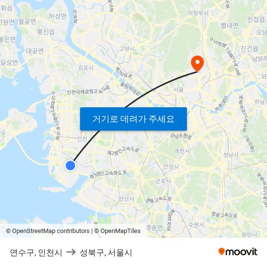 연수구, 인천시 to 성북구, 서울시 map