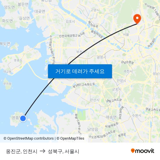 옹진군, 인천시 to 성북구, 서울시 map