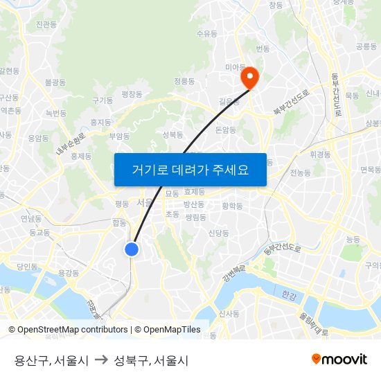 용산구, 서울시 to 성북구, 서울시 map