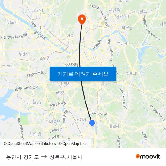 용인시, 경기도 to 성북구, 서울시 map