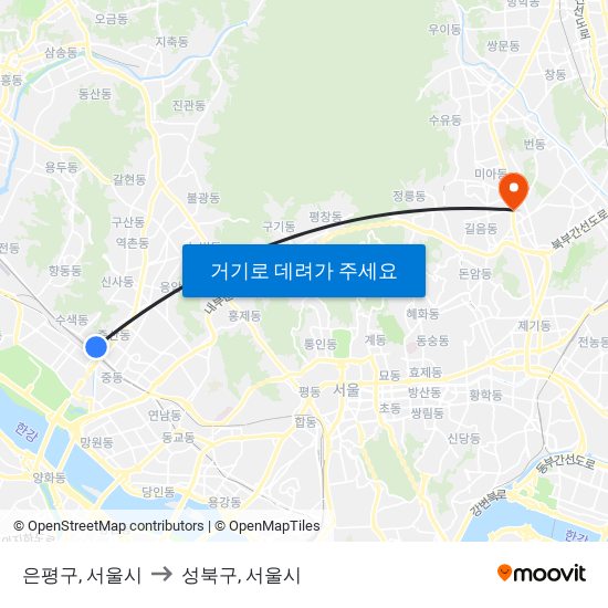 은평구, 서울시 to 성북구, 서울시 map