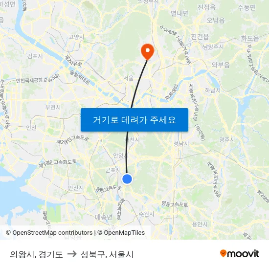 의왕시, 경기도 to 성북구, 서울시 map