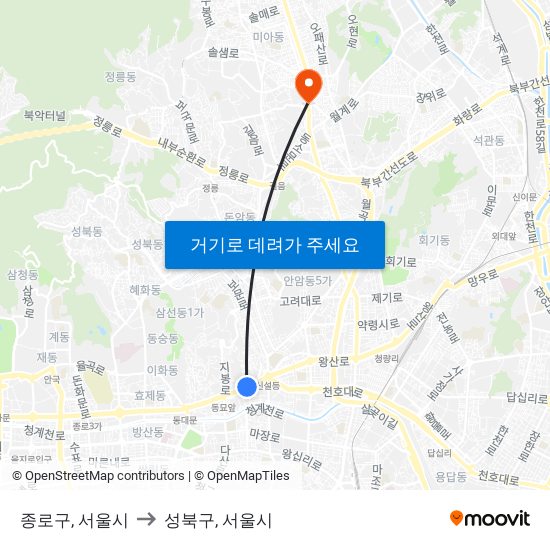 종로구, 서울시 to 성북구, 서울시 map