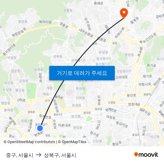 중구, 서울시 to 성북구, 서울시 map