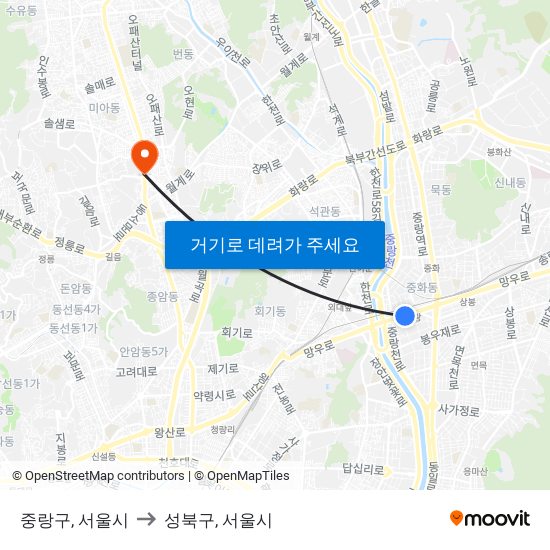 중랑구, 서울시 to 성북구, 서울시 map