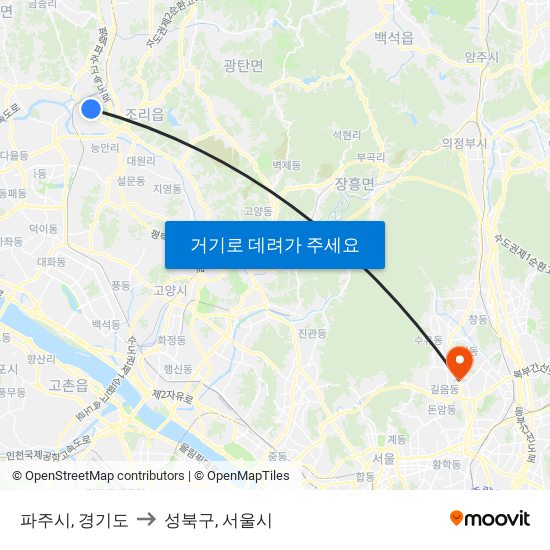 파주시, 경기도 to 성북구, 서울시 map