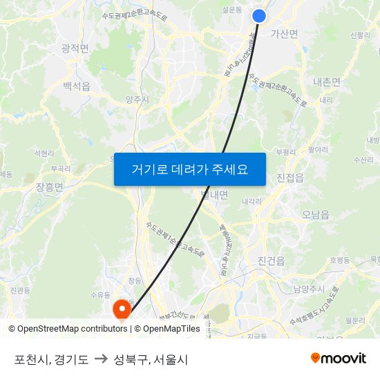 포천시, 경기도 to 성북구, 서울시 map