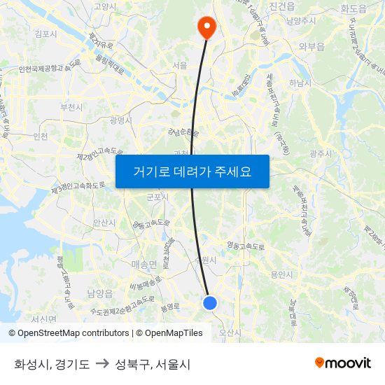 화성시, 경기도 to 성북구, 서울시 map
