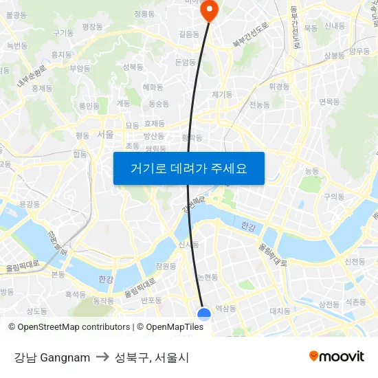 강남 Gangnam to 성북구, 서울시 map