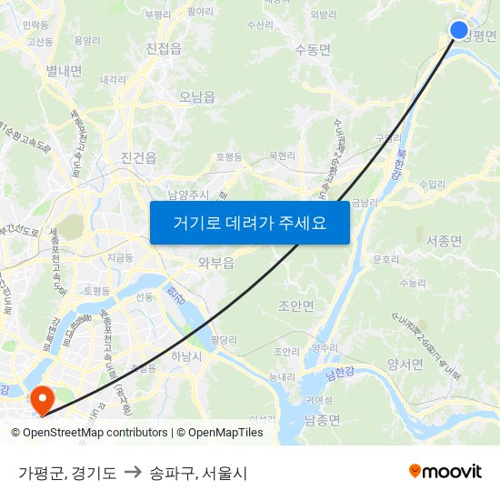 가평군, 경기도 to 송파구, 서울시 map