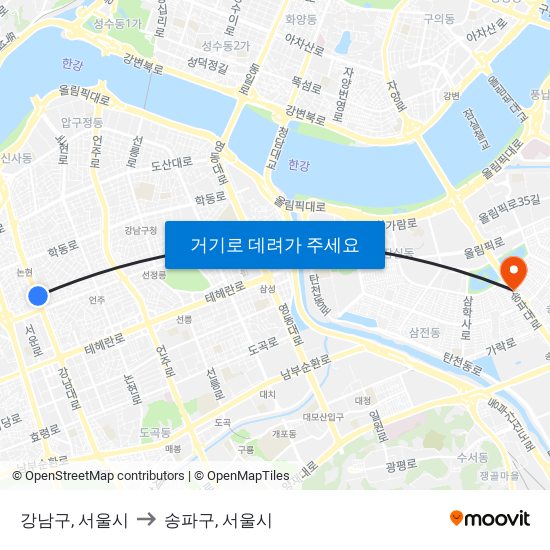 강남구, 서울시 to 송파구, 서울시 map