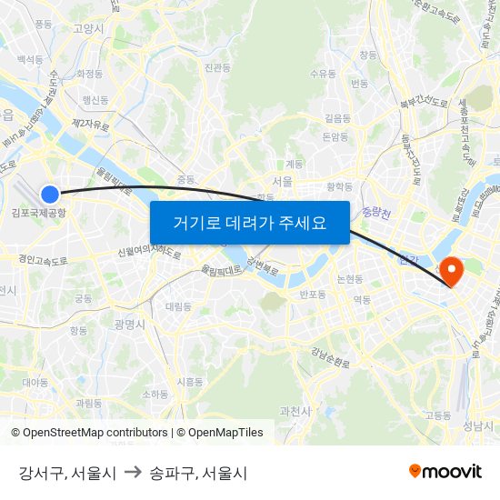 강서구, 서울시 to 송파구, 서울시 map