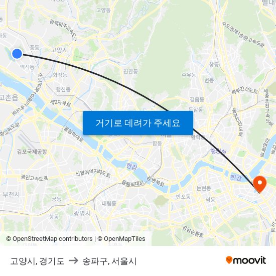 고양시, 경기도 to 송파구, 서울시 map