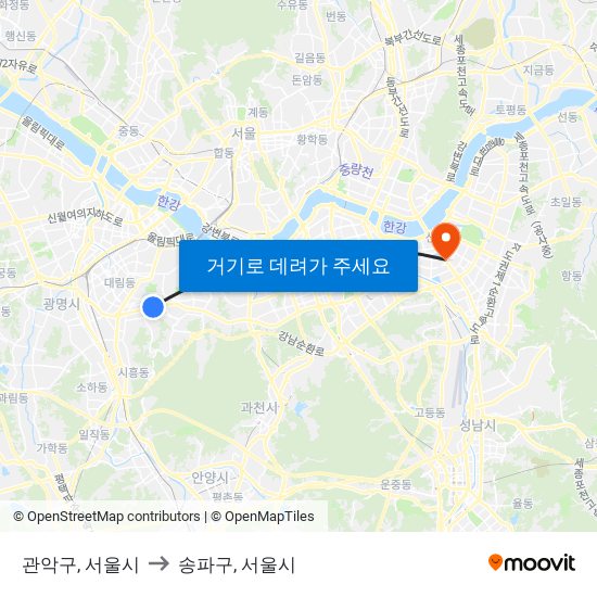 관악구, 서울시 to 송파구, 서울시 map
