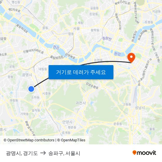 광명시, 경기도 to 송파구, 서울시 map