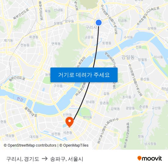 구리시, 경기도 to 송파구, 서울시 map