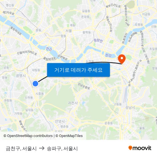 금천구, 서울시 to 송파구, 서울시 map