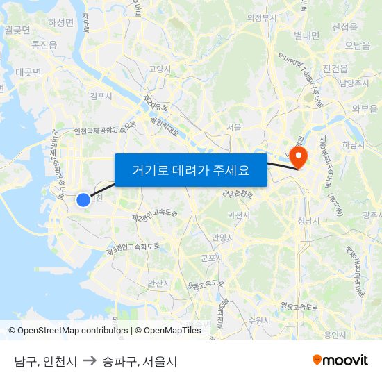 남구, 인천시 to 송파구, 서울시 map