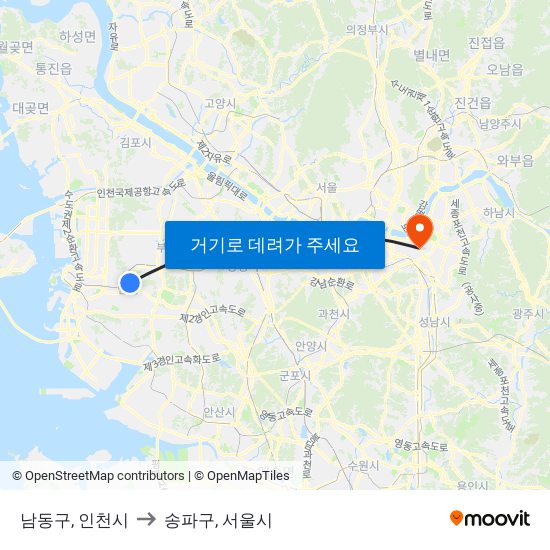 남동구, 인천시 to 송파구, 서울시 map