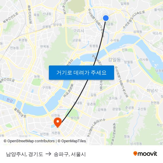 남양주시, 경기도 to 송파구, 서울시 map