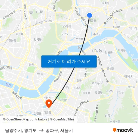 남양주시, 경기도 to 송파구, 서울시 map