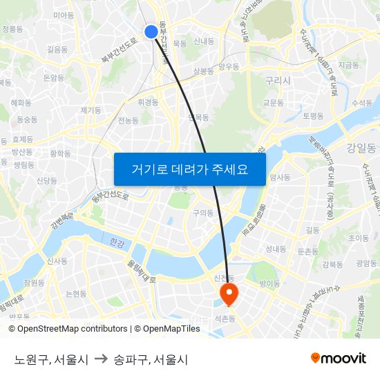 노원구, 서울시 to 송파구, 서울시 map