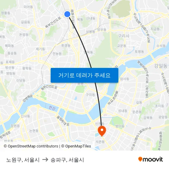 노원구, 서울시 to 송파구, 서울시 map