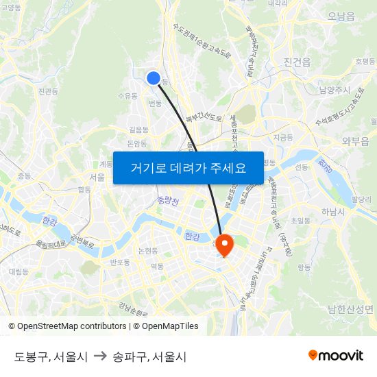 도봉구, 서울시 to 송파구, 서울시 map