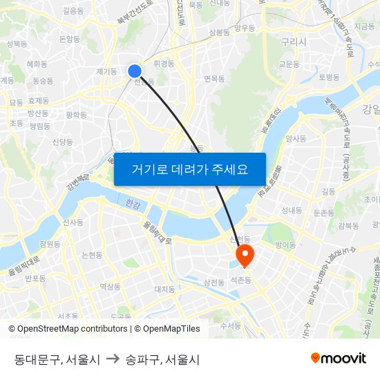 동대문구, 서울시 to 송파구, 서울시 map