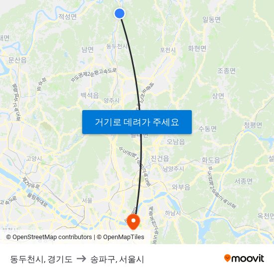 동두천시, 경기도 to 송파구, 서울시 map