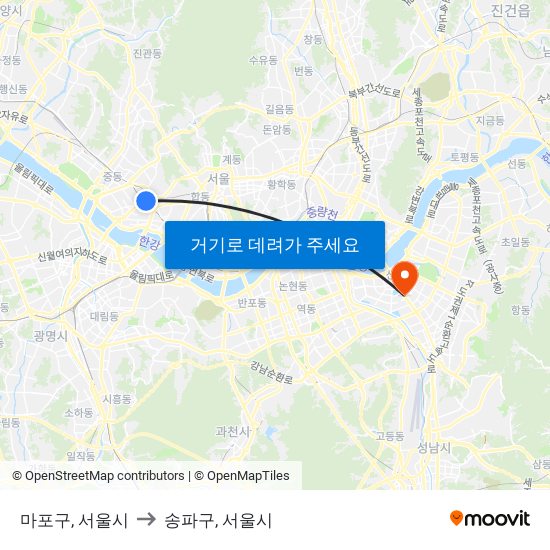마포구, 서울시 to 송파구, 서울시 map