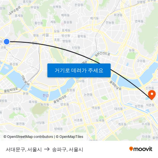 서대문구, 서울시 to 송파구, 서울시 map