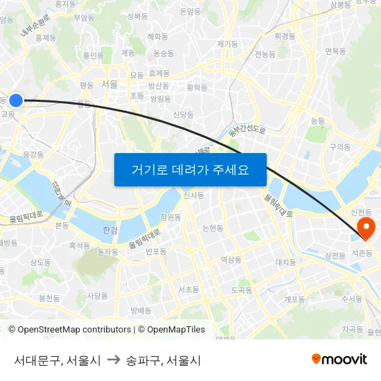 서대문구, 서울시 to 송파구, 서울시 map