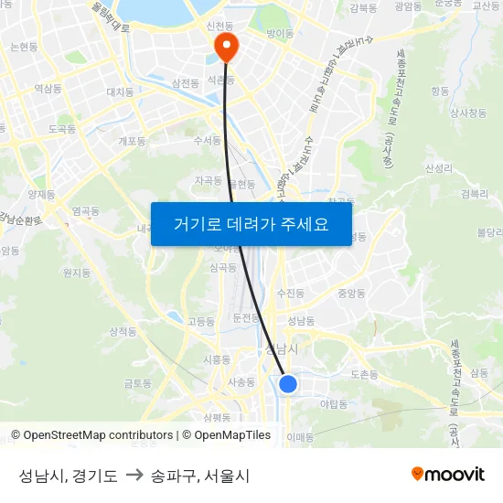 성남시, 경기도 to 송파구, 서울시 map