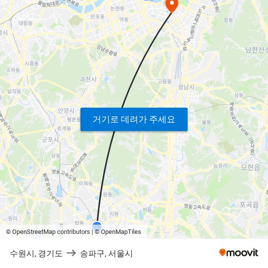 수원시, 경기도 to 송파구, 서울시 map