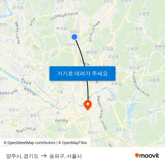 양주시, 경기도 to 송파구, 서울시 map