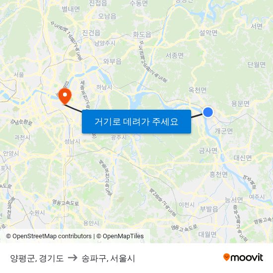 양평군, 경기도 to 송파구, 서울시 map